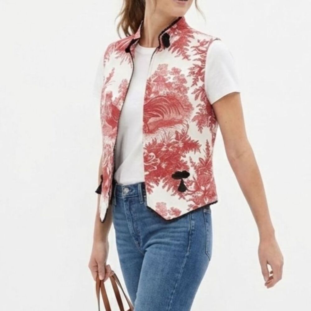 Vintage French Country Vest Top M Rooster Print Red White Handmade Black Tassel